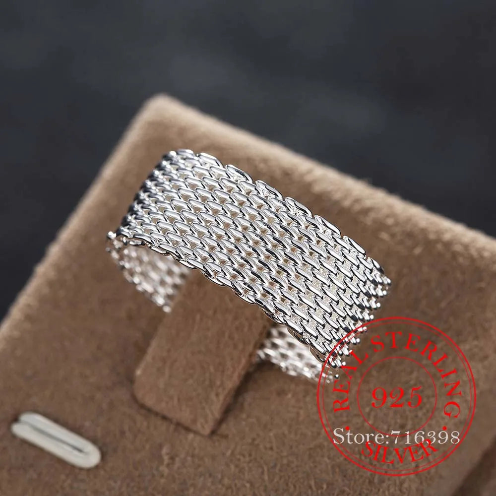 100% 925 Sterling Silver Rings for Women Silver Weaving Wide Ring Wholesale Personality Fashion OL Woman Girl Party Wedding Gift