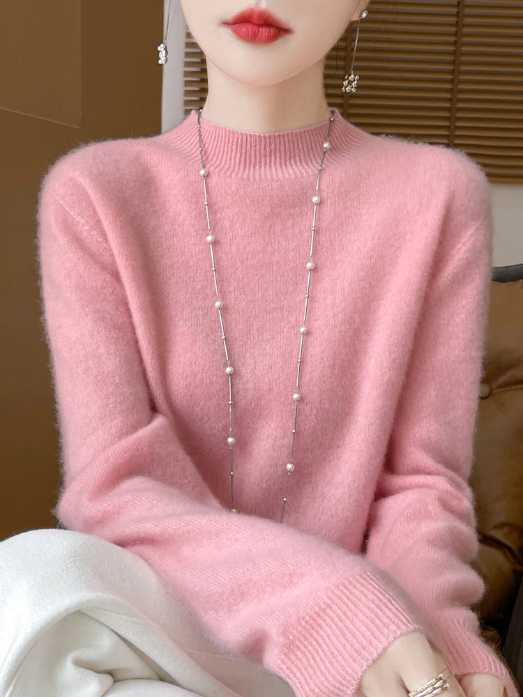 Women's Elegant Basic Style Pullover 100% Merino Wool Knitwear Autumn Winter Warm Solid Casual Loose Exquisite Clothing Tops