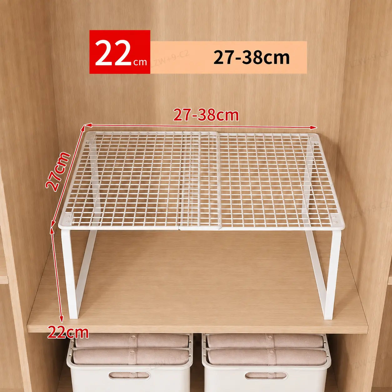 White metal wire closet shelf with a grid top and sturdy legs designed as an expandable cabinet organizer for efficient storage in closets or drawers.