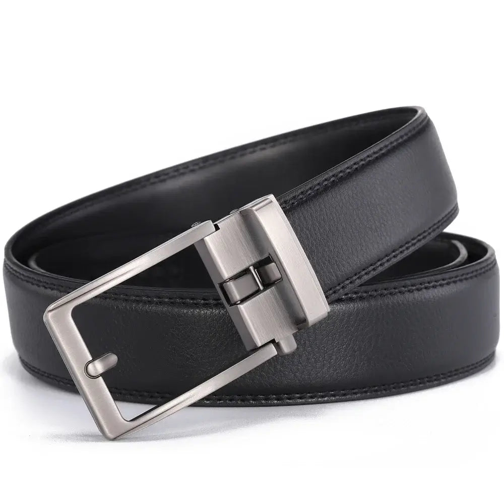 Black leather mens belt with a sleek silver toned automatic buckle.