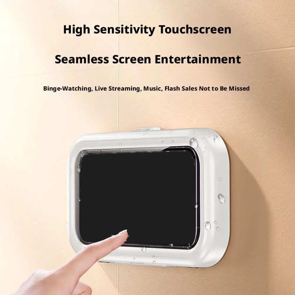 white rectangular touchscreen device in a waterproof case with a 360 degree rotating shower phone holder mounted on a wall