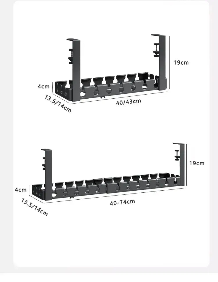 Black metal cable management tray with adjustable length and vertical mounting brackets for desk wire organization.