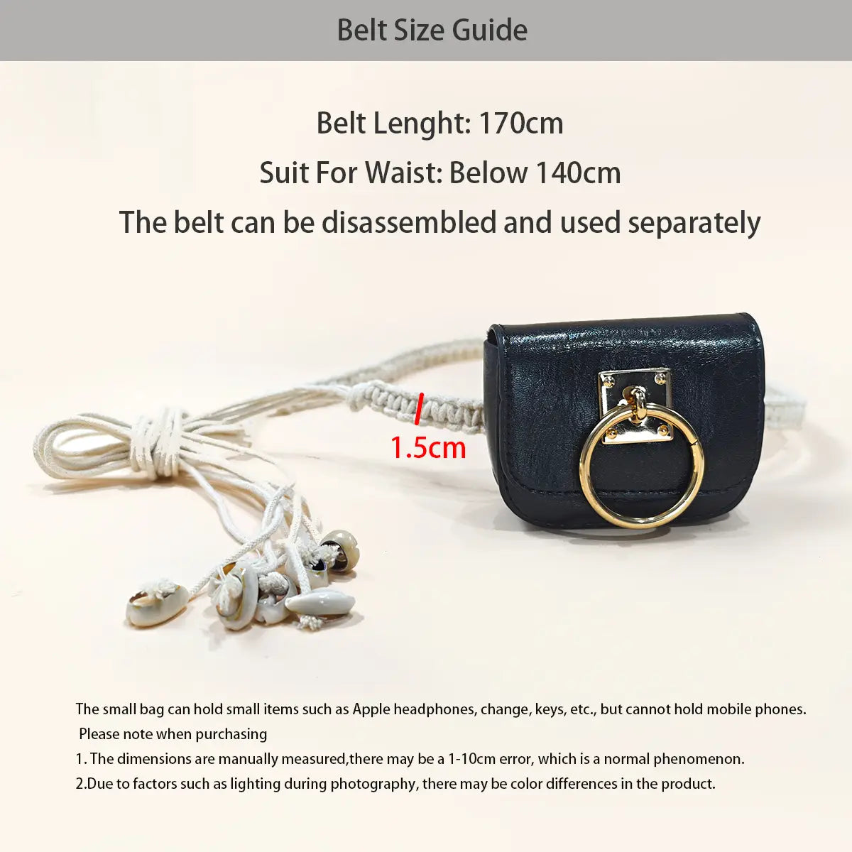 Mini-pochette de ceinture de créateur en cuir synthétique noir avec fermoir à anneau finition ton sur ton or et attache en corde blanche tressée, pour une pochette de ceinture de luxe.