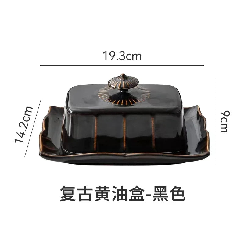 Ceramics Tableware Butter Box with Lid Butter Dish Cheese Plate Dinner Plate Baking Butter Pan Dim Sum Dish Cake Pan Snack Tray