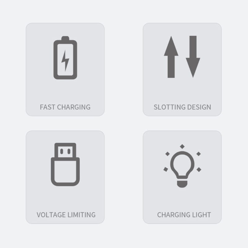 Gray icon set illustrating fast charging slotting design voltage limiting and charging light for 1.5v alkaline battery charger 4 slot smart USB