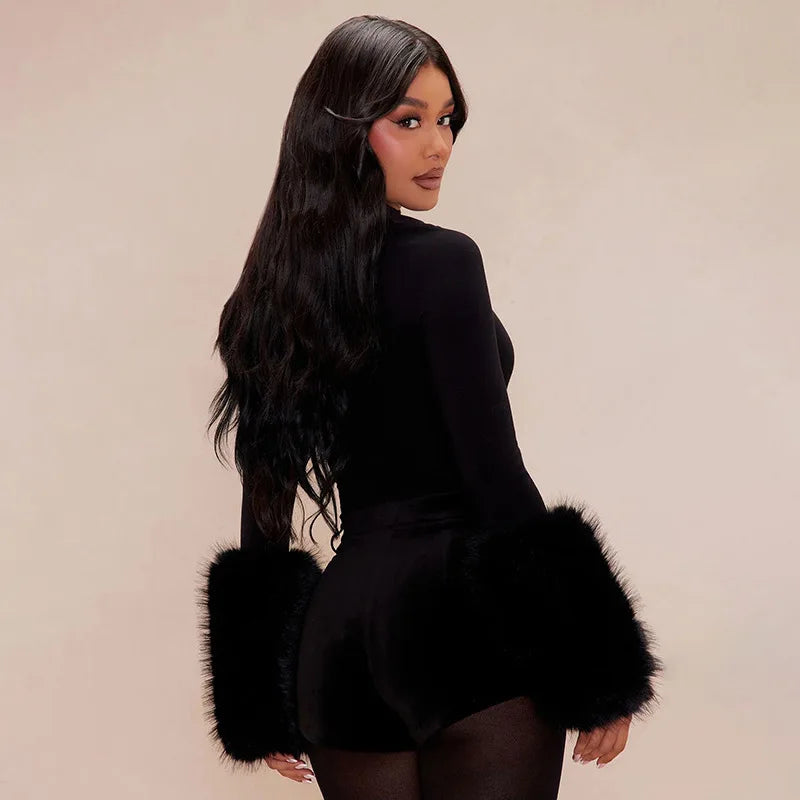 Winter Sexy Outfits for Woman 2 Piece Set Long Sleeve Fur Patchwork Bodysuit and Shorts Sets Female Matching Streetwear 2025 New