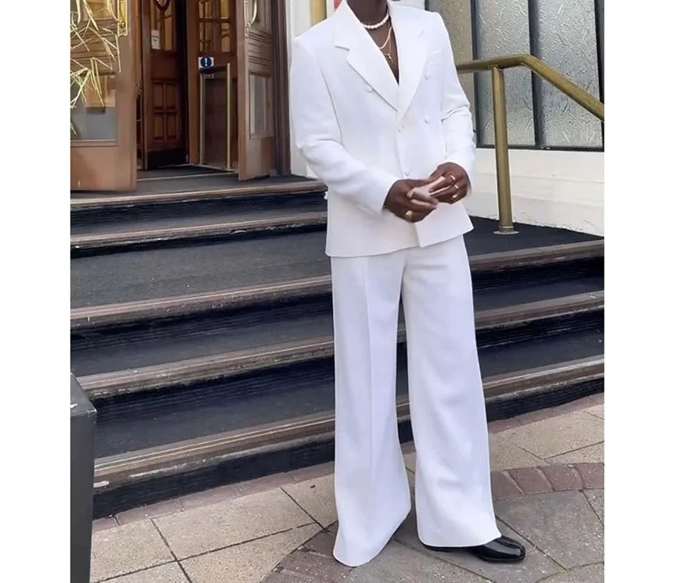 White Double Breasted Suits for Men 2 Pieces Set African Fashion Jacket with Wide-leg Pants Wedding Tuxedo Party Business Suit
