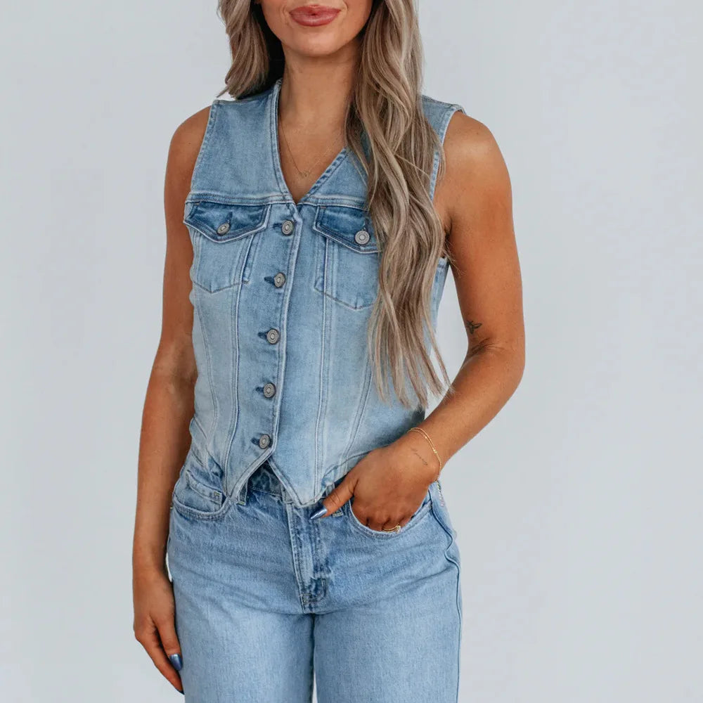 Women's Casual Denim Vest Chic Light Wash Sleeveless Button Front Crop Waistcoat Streetwear