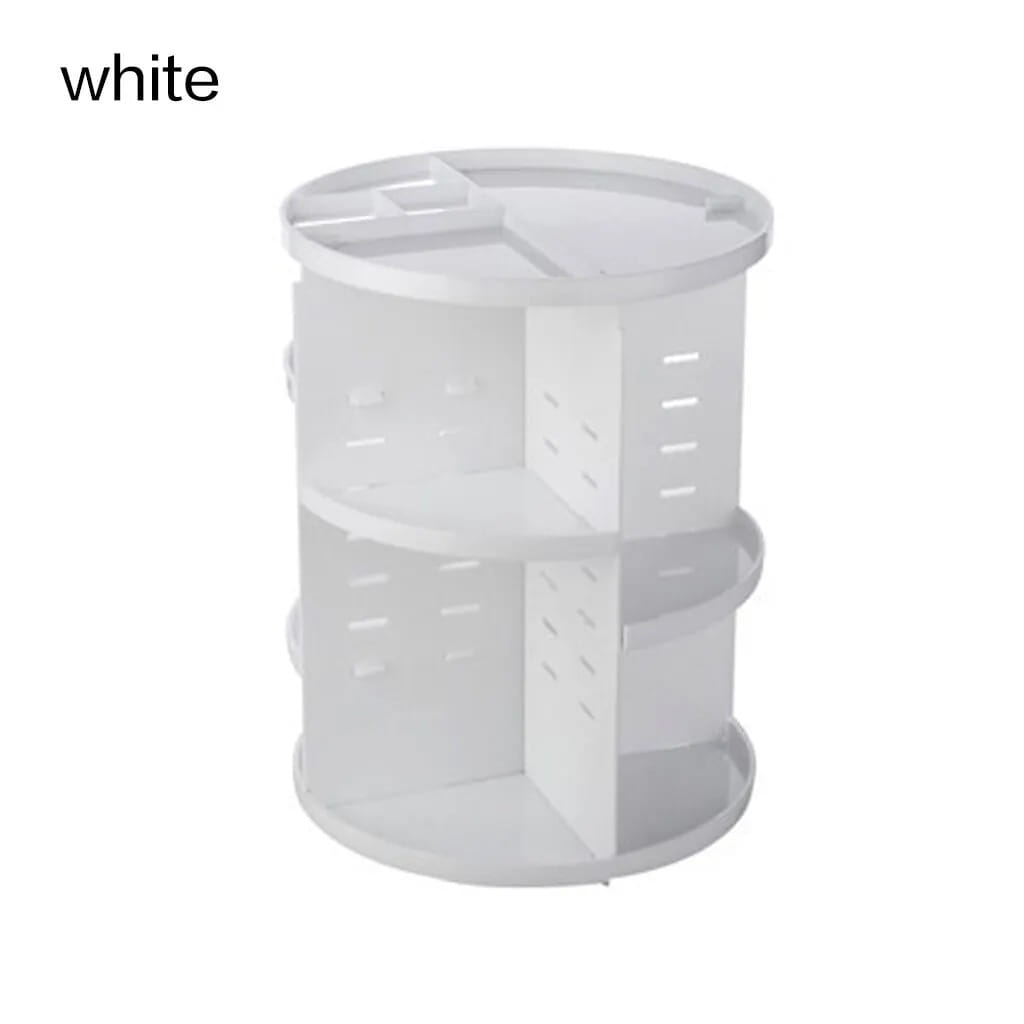 Organisateur de maquillage tournant cylindrique en plastique blanc, à trois niveaux, avec panneaux latéraux perforés pour un stockage cosmétique à 360 degrés.