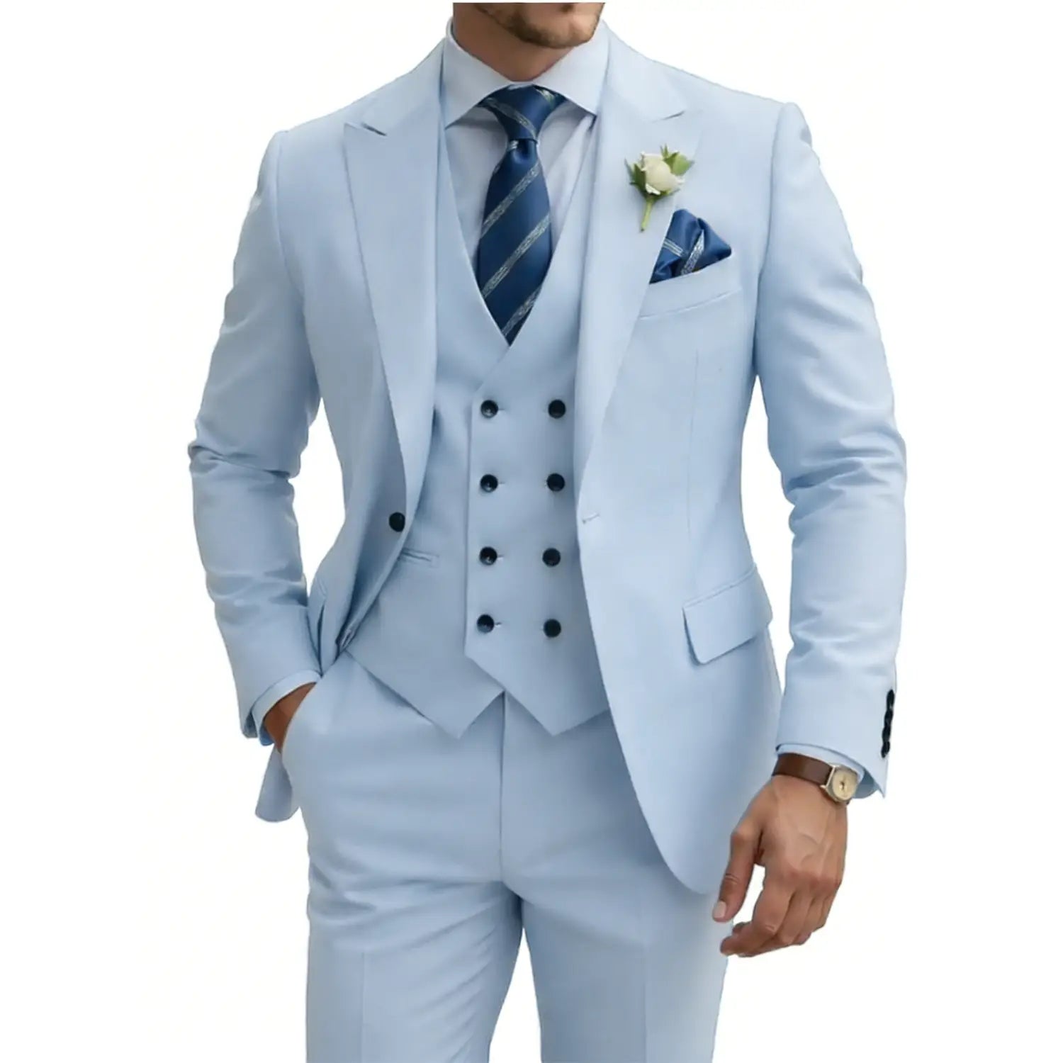 Costume trois pièces beige pour hommes en coupe croisée double boutonnage, présentant une veste bleu clair et un gilet assorti dans un design formel