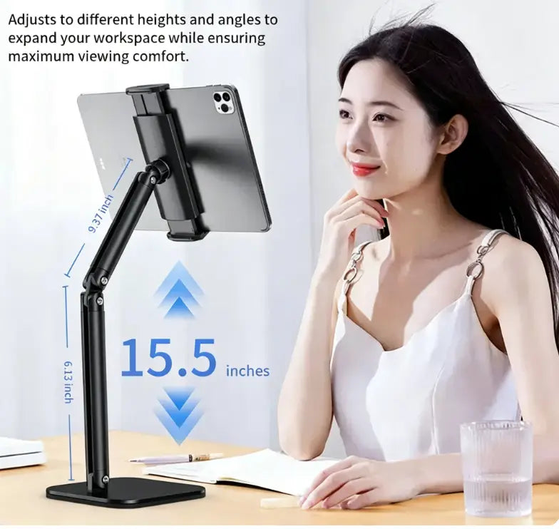 Black adjustable desktop holder for inch smartphones featuring a stable support with an articulated arm and flat base.