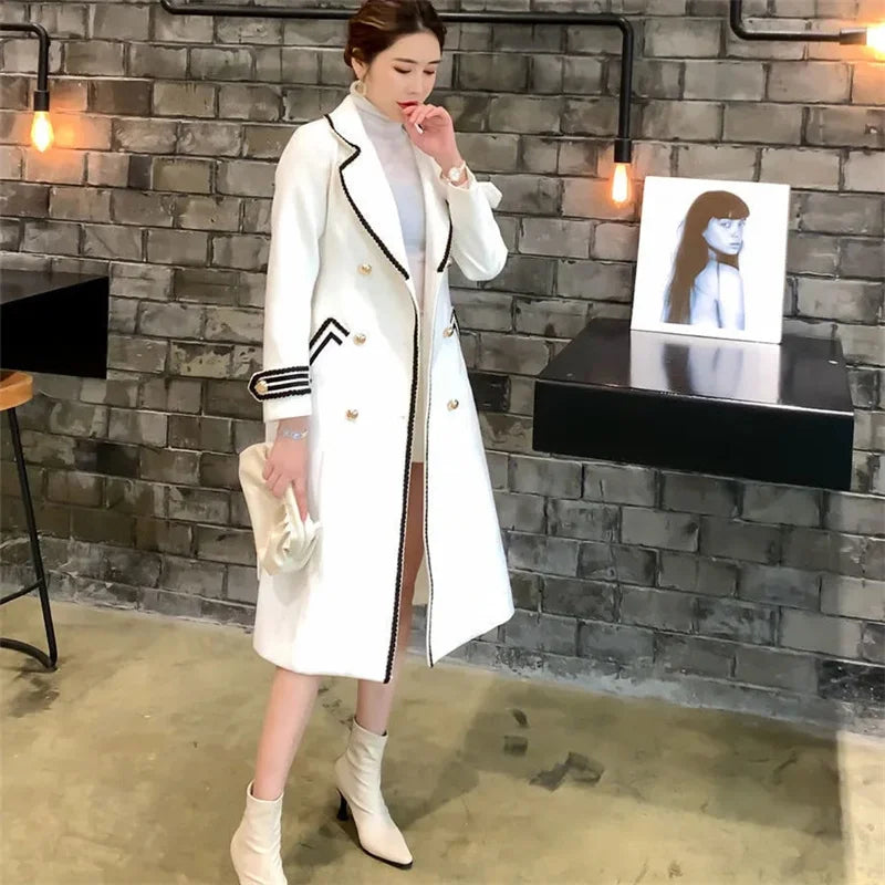 White Over the Knee Wool Coat Women's Mid-Length 2023 Autumn/Winter Hepburn Style Thickened Slim Black Double-Breasted Coat Z555