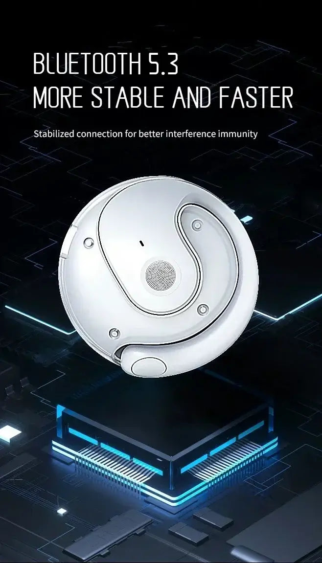 白色の円形Bluetooth 5.3ワイヤレスイヤホン。洗練されたミニマルデザインと、縁に沿った控えめな青色LEDアクセントを備え、充電ケースとマイクを組み合わせた、ワイヤレスヘッドホン用途。