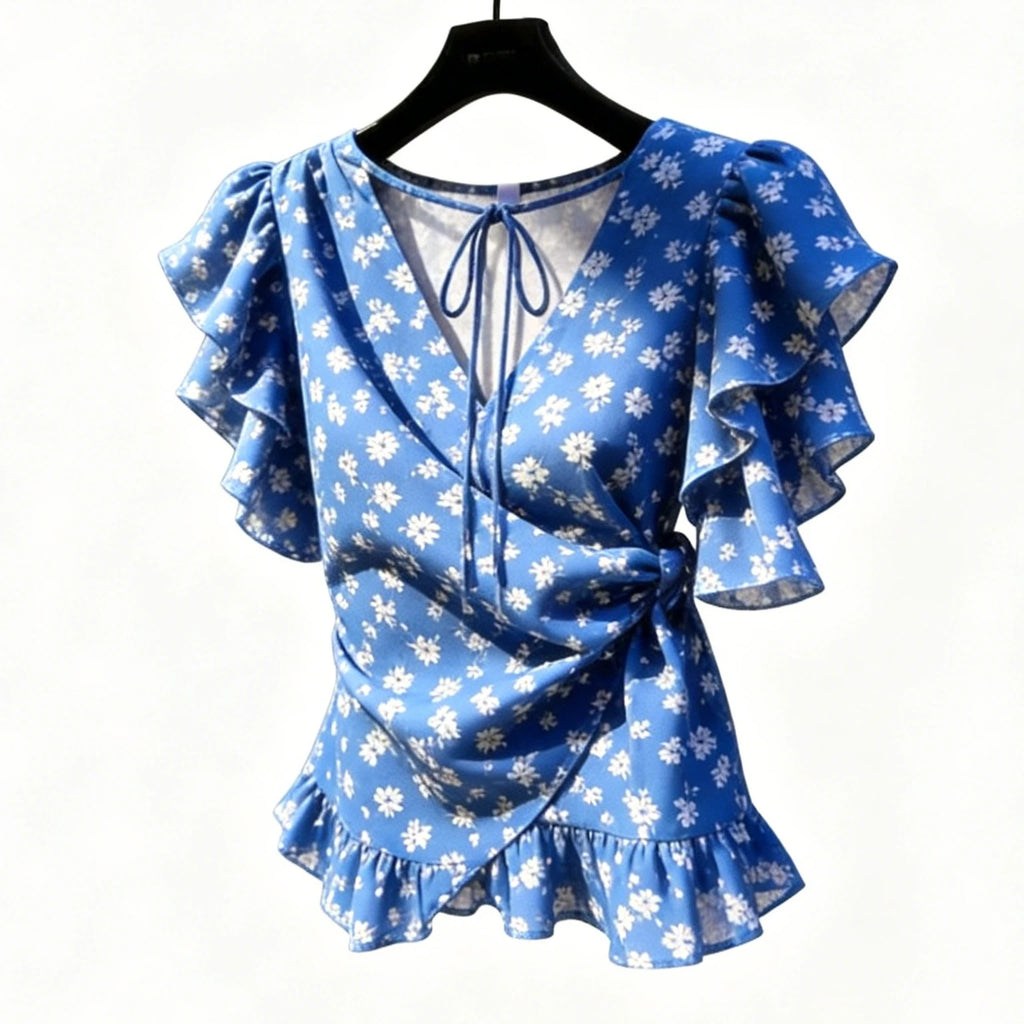 Chic Elegant Women Wrap V Neck Chiffon Blouse Blue Ditsy Floral Print Ruffle Flutter Sleeve Side Ruched Waist Frill Hem Crop Top