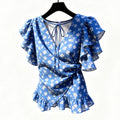 Chic Elegant Women Wrap V Neck Chiffon Blouse Blue Ditsy Floral Print Ruffle Flutter Sleeve Side Ruched Waist Frill Hem Crop Top