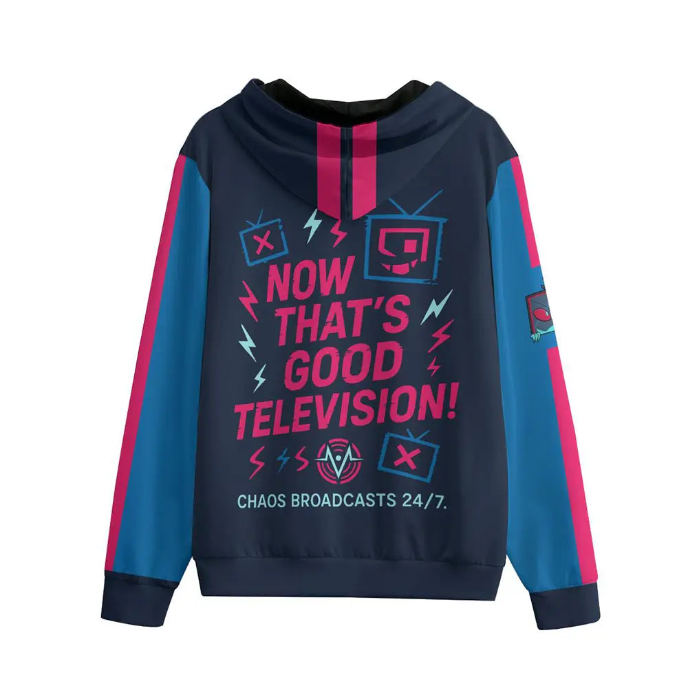 Sweat à capuche zippé d’anime Hazbin Hotel bleu foncé avec des accents rose vif et turquoise, arborant une conception graphique de type now that’s good télévision.