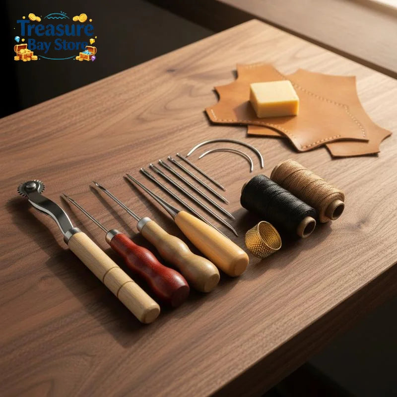 Leather Sewing Tools Kit Wooden Handle Needles Awl Waxed Thread Stitching Groover Thimble For DIY Craft Hand Stitching Repair