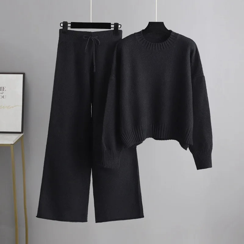 Winter Thick Knitted 2 Piece Sets Women Half Turtleneck Knitwears Sweater Loose Pullover Tops High Waist Wide-leg Pants Outfit