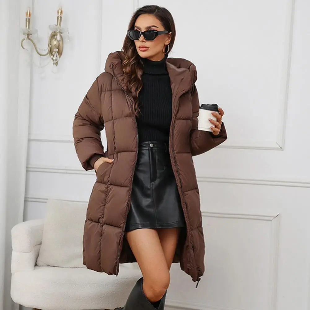 Women Long Hooded Down Jacket Winter Coat Women’s Winter Jacket with Hood Thickened Padded Down Coat Slim Waist Mid-length