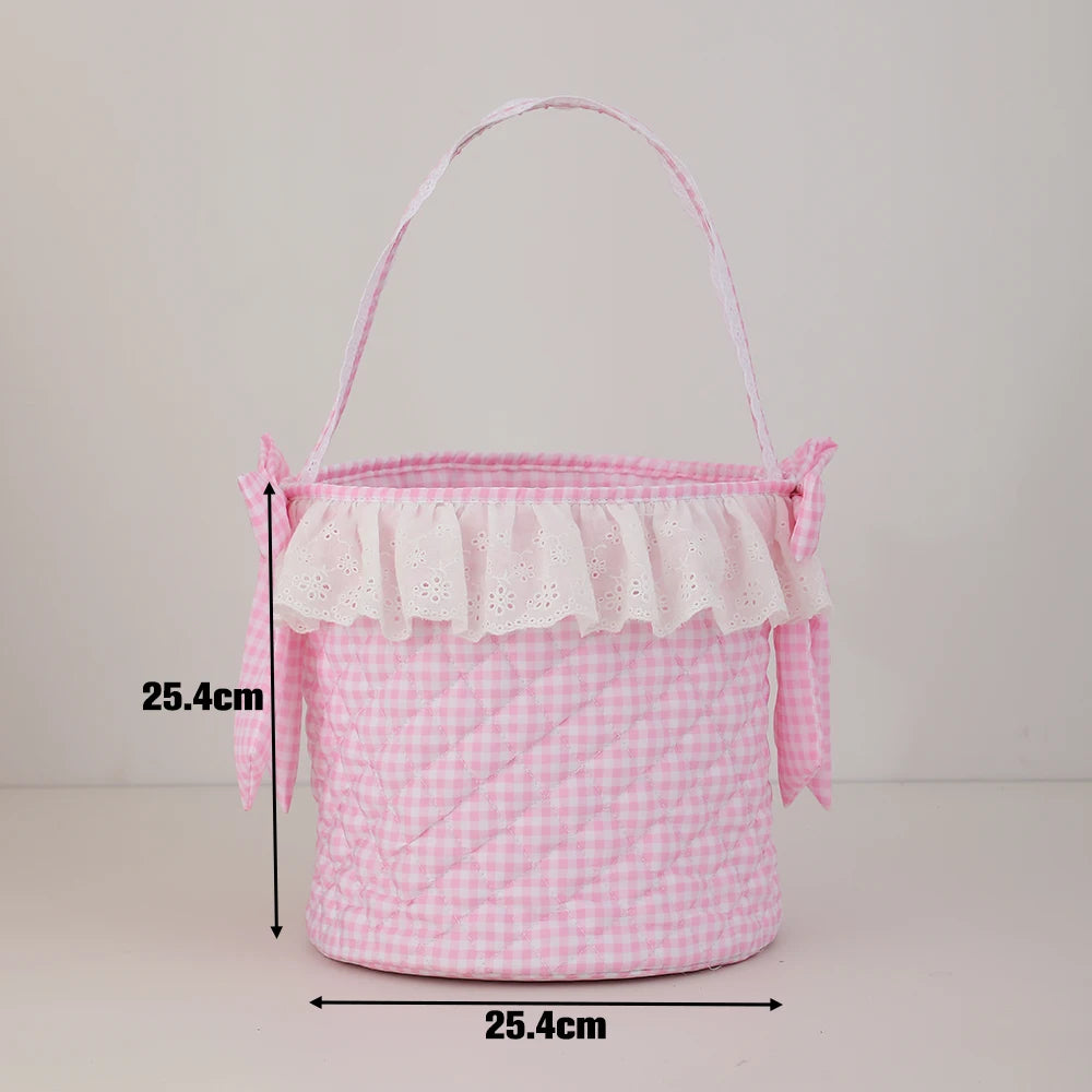 Easter Basket With Lace For Kids Trim Cute Quilted Gingham Egg Hunting Basket Spring Gift-giving Easter Accessory Party Supply