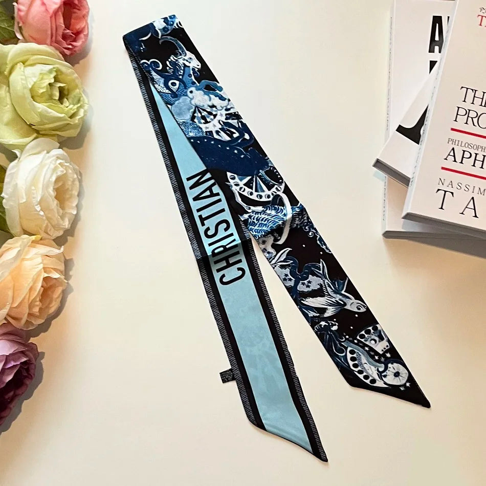New Fashion Luxry Design Women Silk Ribbon Twill Scarf Hair Bandana Handbag Handle Wrap Bag Handmade Long Neck Wrap for Women