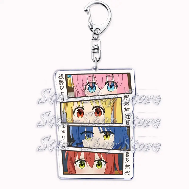 Clear acrylic anime character keychain featuring four stacked faces with pink blonde blue and red hair for Bocchi the Rock against a white background.