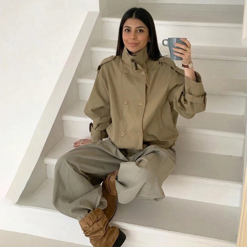Women Relaxed Fit Short Utility Trench Jacket High Funnel Neck Epaulet Design Double Breasted Cropped Coat Commuter Outerwear