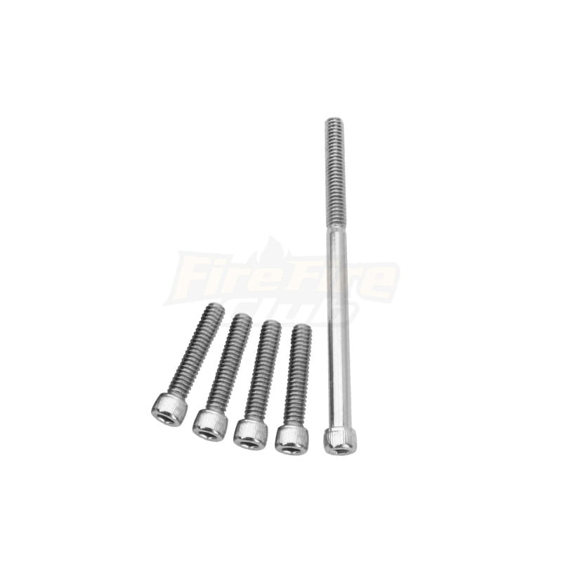 Set of five chrome finished stainless steel socket head cap screws with threaded shafts and hexagonal heads for chrome inner primary accent cover Harley touring 17-22.