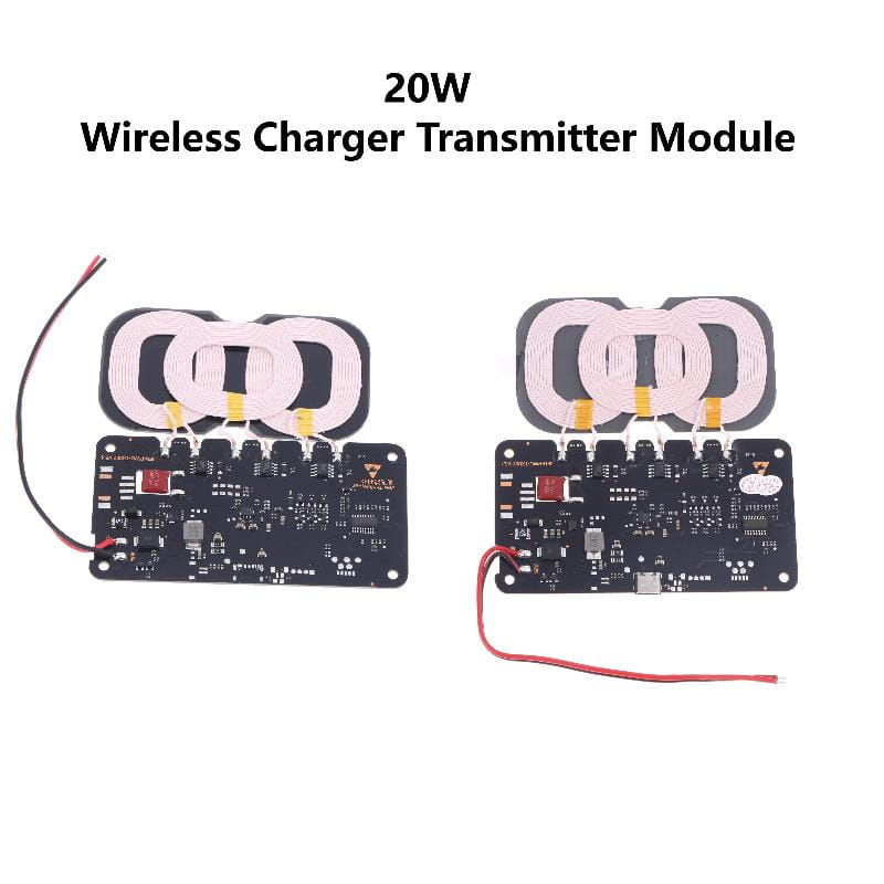 20w wireless charger transmitter modules with black circuit boards and pink coil antennas for car and home use.