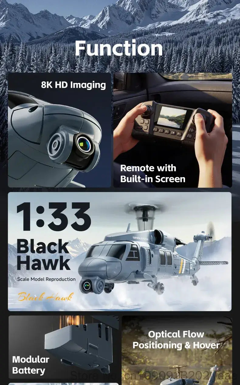 Gray 1:33 scale remote control black hawk helicopter model with detailed cockpit and rotor design featuring an 8k camera.