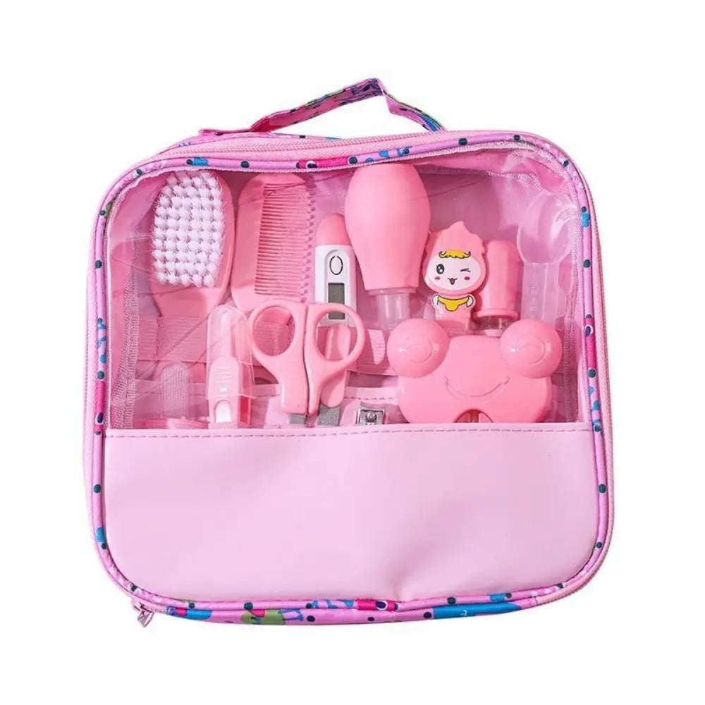 Rosa Baby-Pflegeset im 13-teiligen Neugeborenenpflege-Set mit niedlichem Cartoon-Charakter-Design und klarem Front-Panel für eine einfache Sicht auf den Inhalt