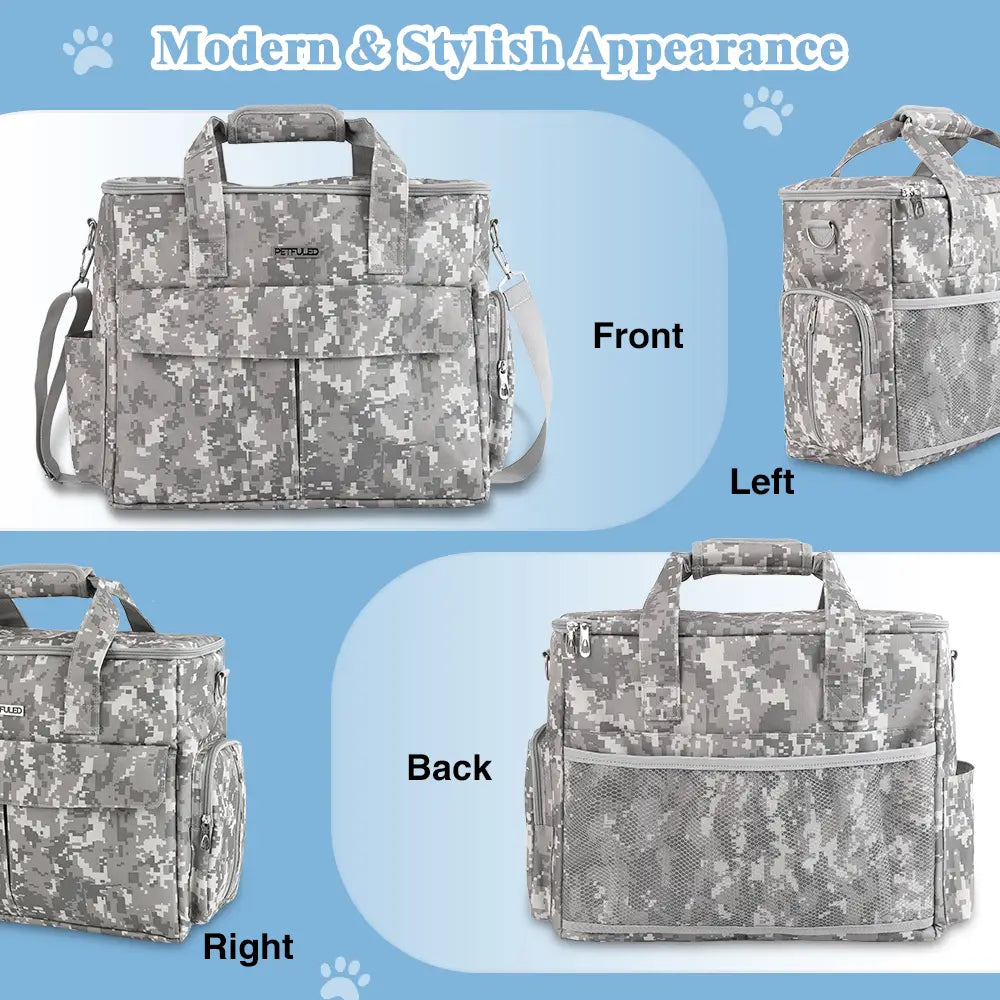Sac de voyage pour chien camouflage gris, style petluv, doté d’une fermeture éclair, comprenant plusieurs compartiments et des poches latérales en mesh.