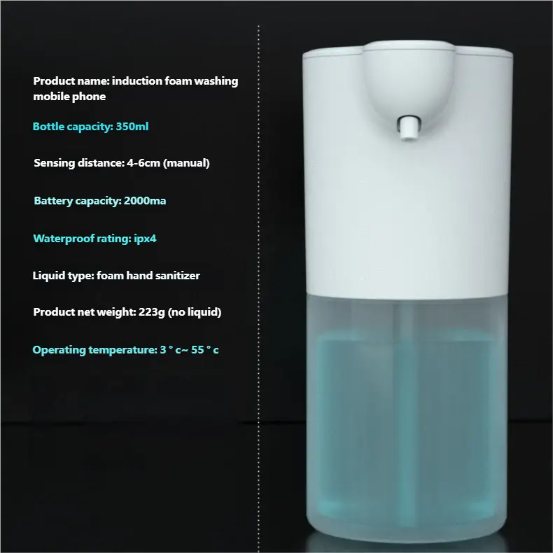 white and translucent plastic automatic soap dispenser with frosted top and 350ml capacity designed for foam bubble generation and hand soap use