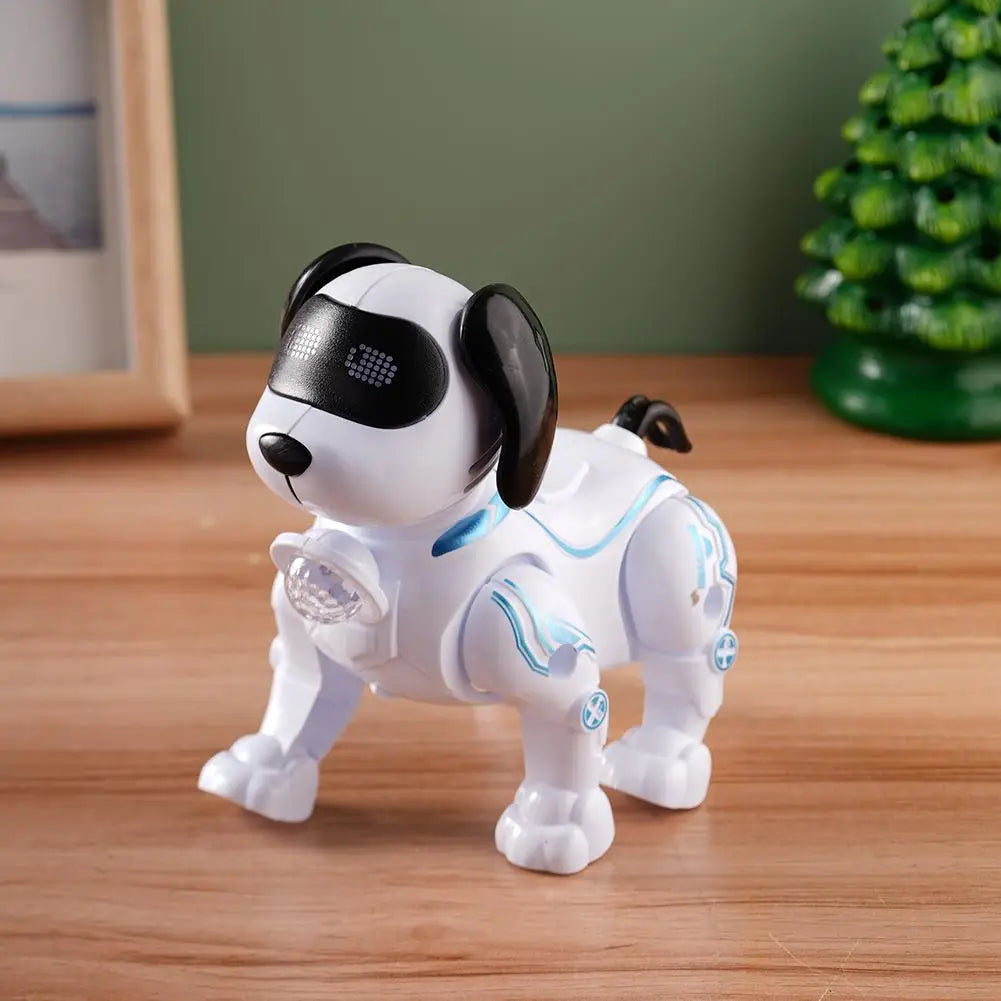 インテリジェントな音楽ロボットとして設計された、青く発光するアクセントを備える白と黒のロボット犬のおもちゃで、インタラクティブな歩行および娯楽のための玩具です。