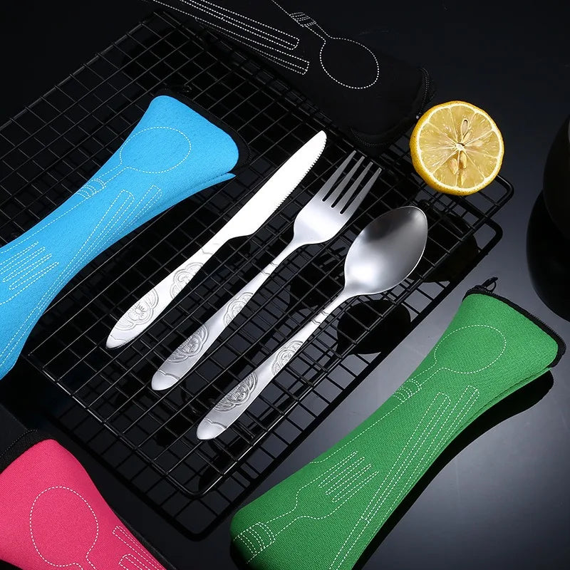 Portable Dinnerware Set - Ultra-Portable, Vibrant Printed, Stainless Steel Cutlery Set with Knifes, Fork, Spoon Carrying Bag