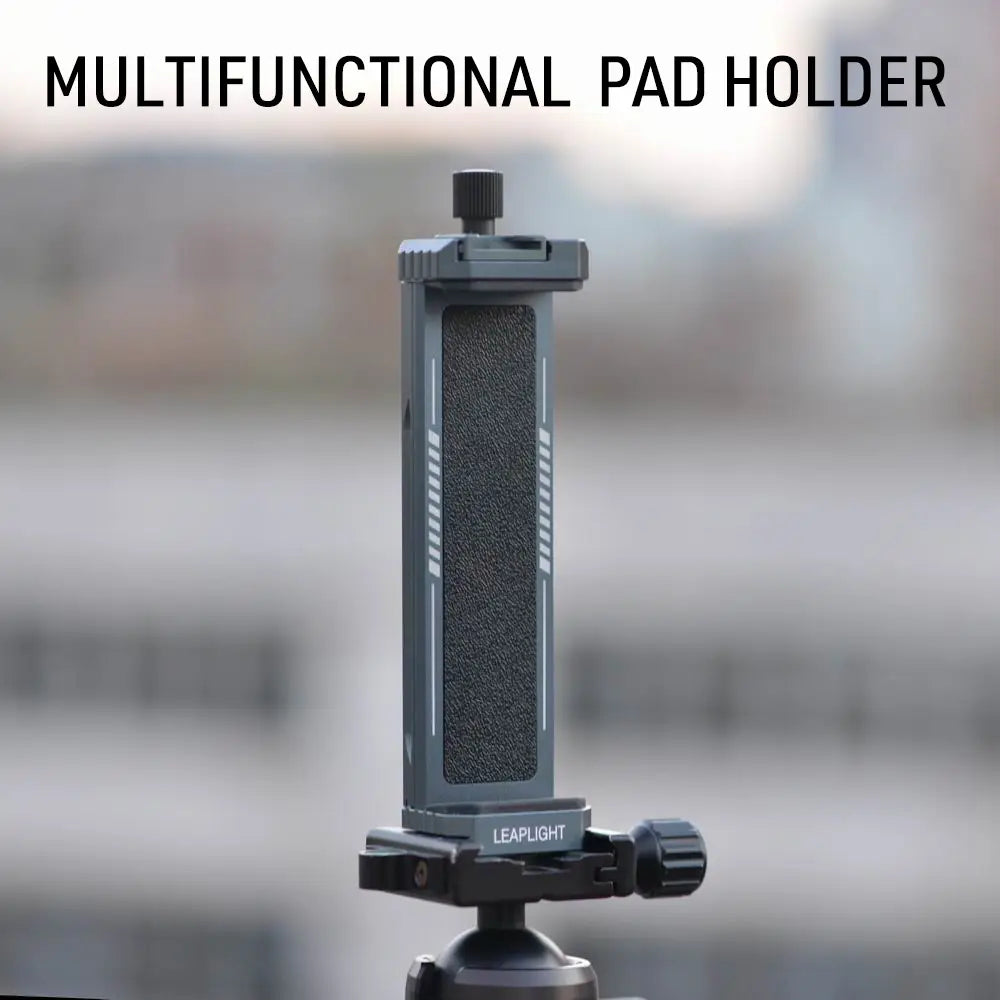 Gray aluminum tripod mount adapter tablet clamp by leaplight featuring a textured grip and adjustable clamp for universal tripod mount use.