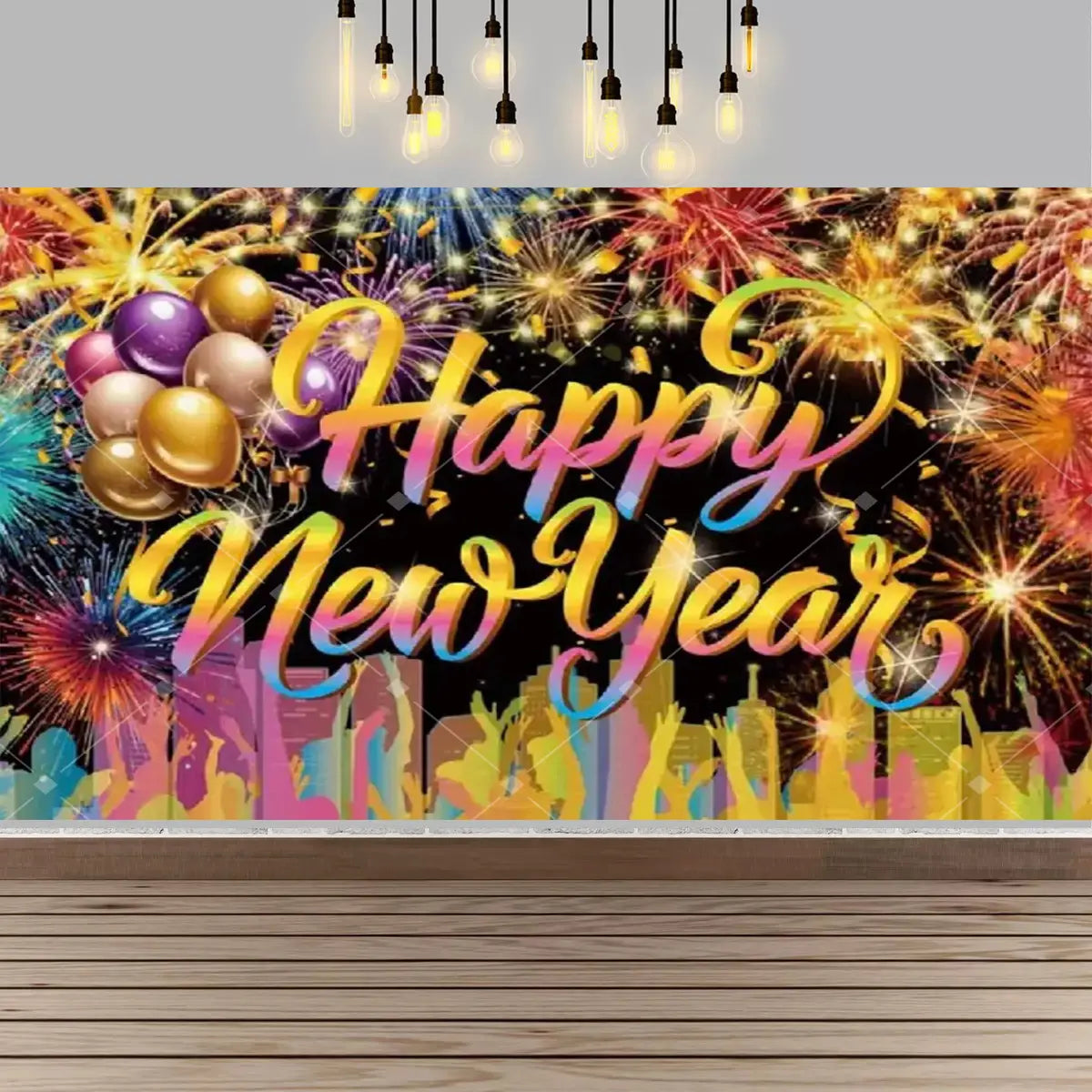 New year party photography backdrop featuring vibrant colorful fireworks balloons and silhouettes against a black background with a clock design.