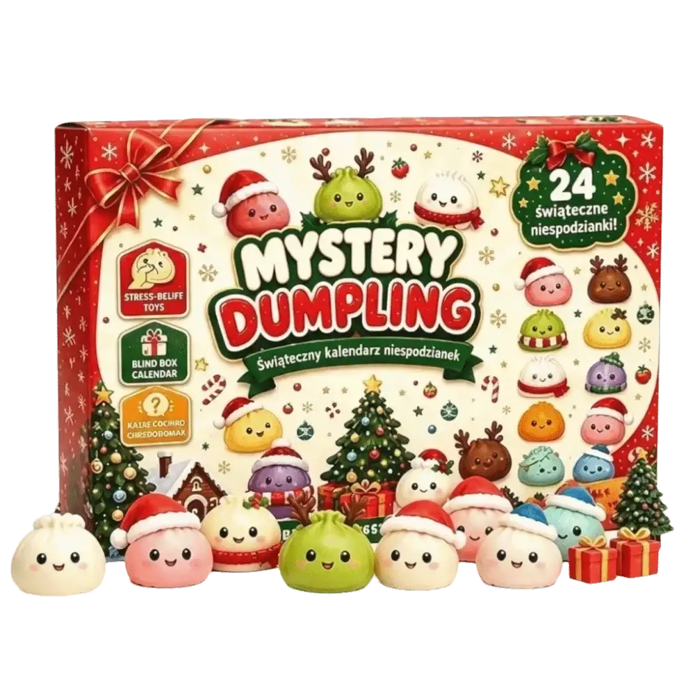 Red and white dumpling advent calendar box with 24 colorful festive dumpling figurines for christmas advent play