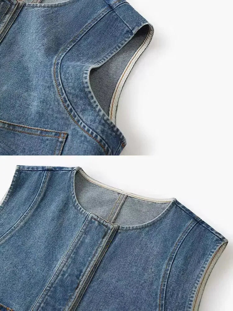Denim Vest Ladies Clothes Sleeveless Round Neck Pocket Casual Top Waistcoat Streetwear Fashion Vest For Women 2026 Spring Summer