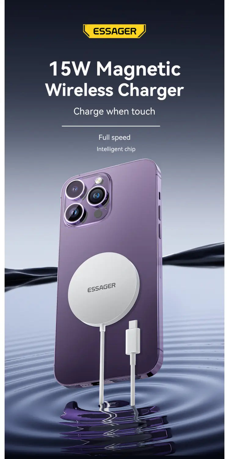 White circular magnetic wireless fast charging pad for iPhone with essager branding and sleek design connected by a white cable for convenient wireless charging.
