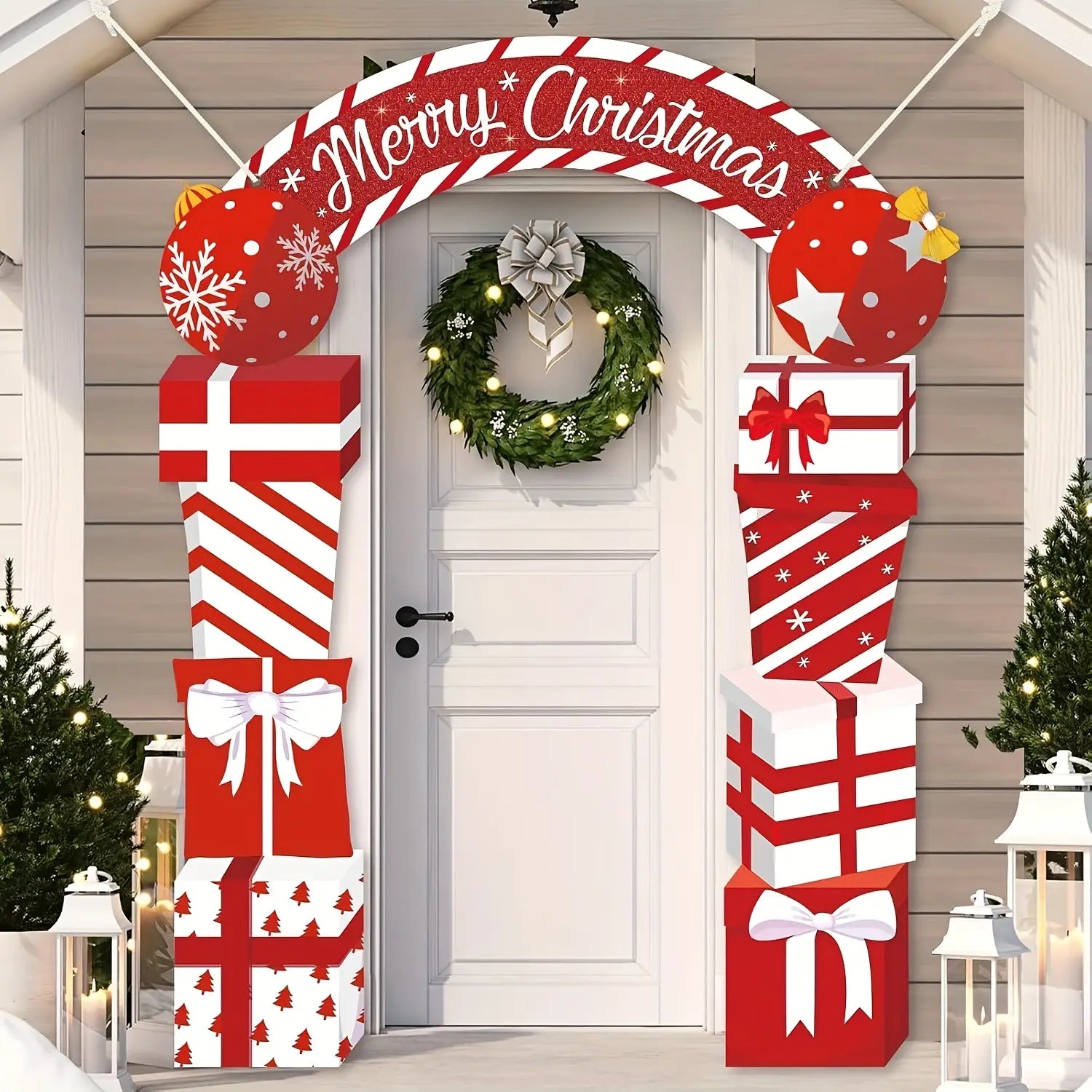 Bannière de porte de Noël, décoration de vacances, présentant un arche en forme de canne de bonbon rayée rouge et blanche, avec « Joyeux Noël » en écriture scintillante, ornée de décorations festives