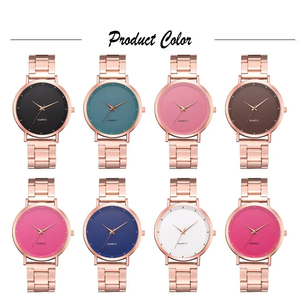 rose gold women luxury quartz wristwatch with a metal band and a colorful round dial designed for business use