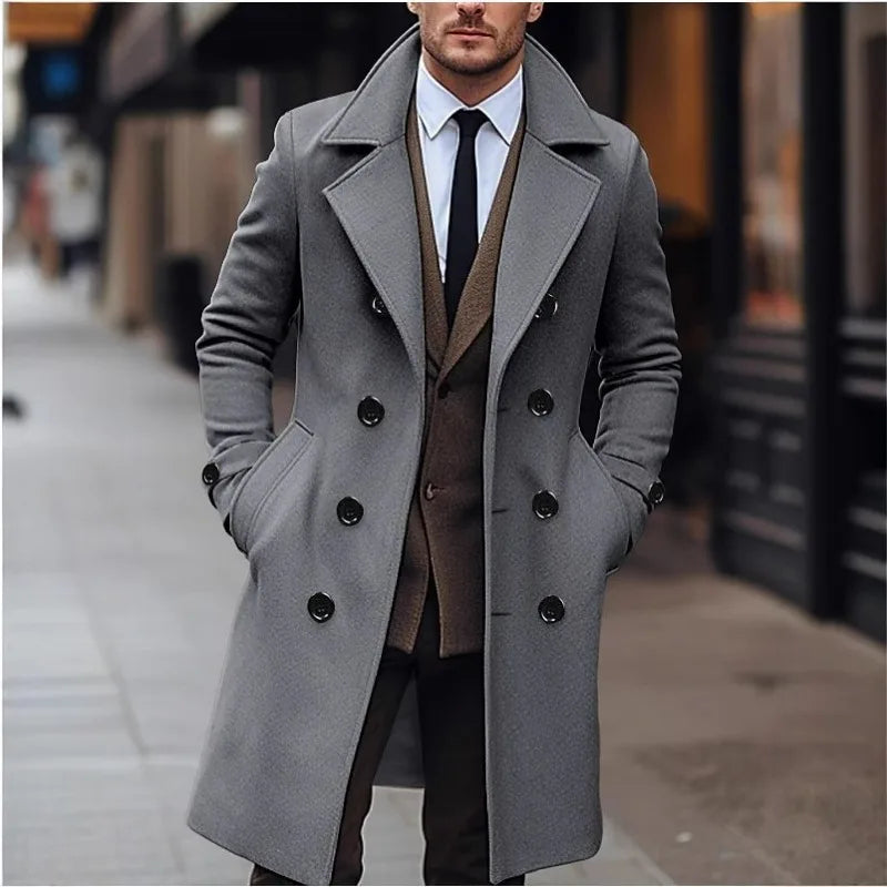 KIDWHXR Men Overcoat Autumn Winter Business Casual Double-breasted Male Trench Coat Simple Mid Length Long Sleeve Man Jacket