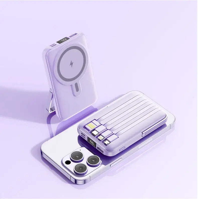 Cargador inalámbrico de banco de energía magnético lila elegante de 20000 mAh con carga inalámbrica rápida, almohadilla magnética circular y múltiples puertos USB.