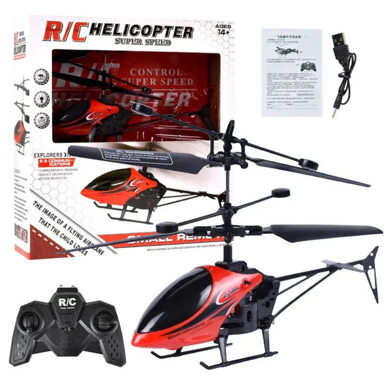 Remote control high quality red and black rc helicopter with sleek design and glossy finish on body for advanced flying toy package includes all necessary accessories.