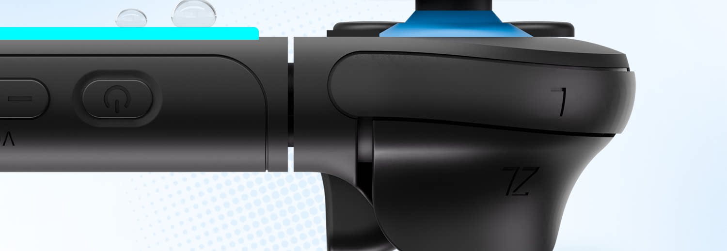 Controlador Joy-Con de Nintendo Switch negro con iluminación de acento azul, mostrado con protector de pantalla de vidrio templado para Miffy Switch, diseñado para una protección mejorada de la pantalla.