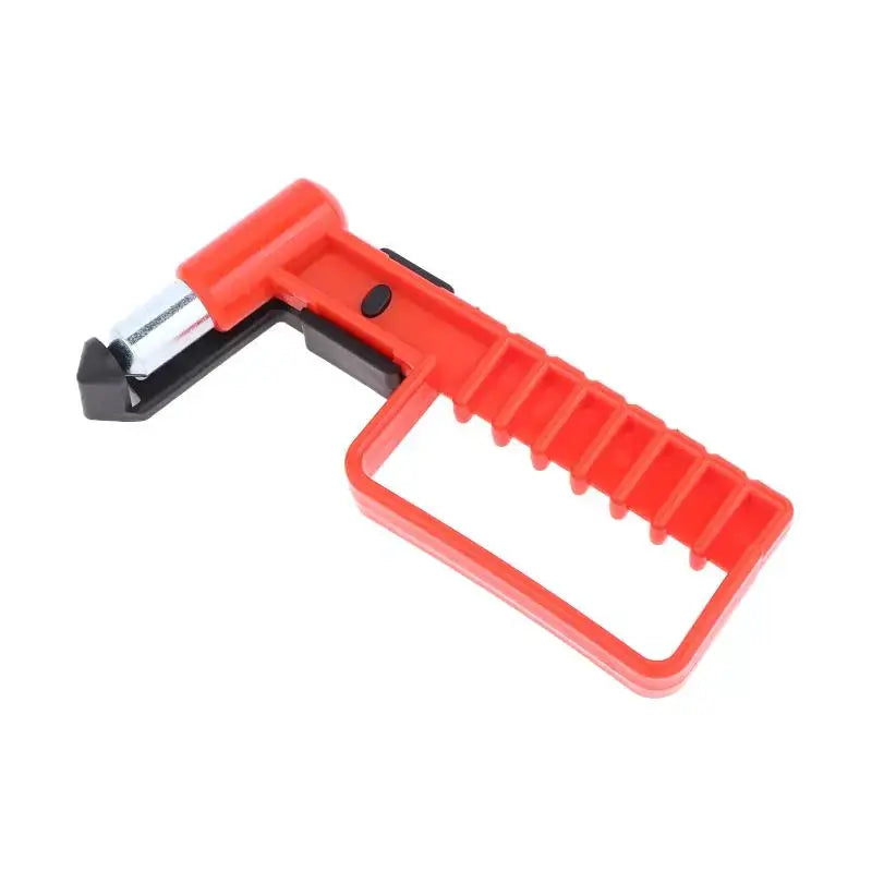 Red plastic car emergency escape hammer window breaker tool with black accents and a metallic cutting blade for vehicle safety.