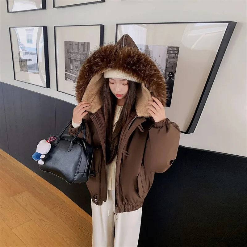 Warm Down jacket Ladies Pai Overcome Winter 2026 New Cotton Padded Coat Women Parkas Horn Hooded Outcoat Big fur collar Overcoat