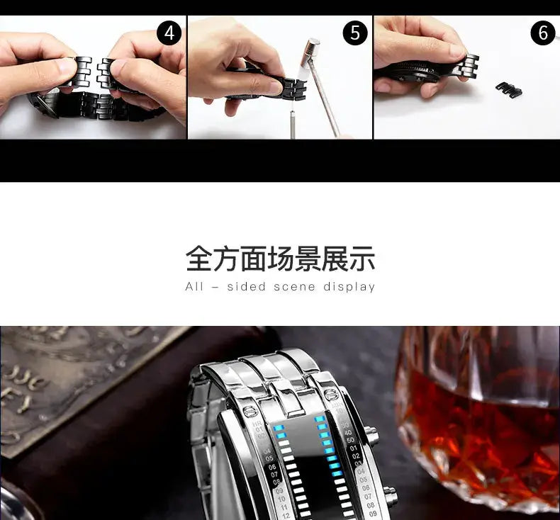 Silver-toned binary led stainless steel waterproof men watch with a sleek segmented stainless steel band and glowing blue led display.