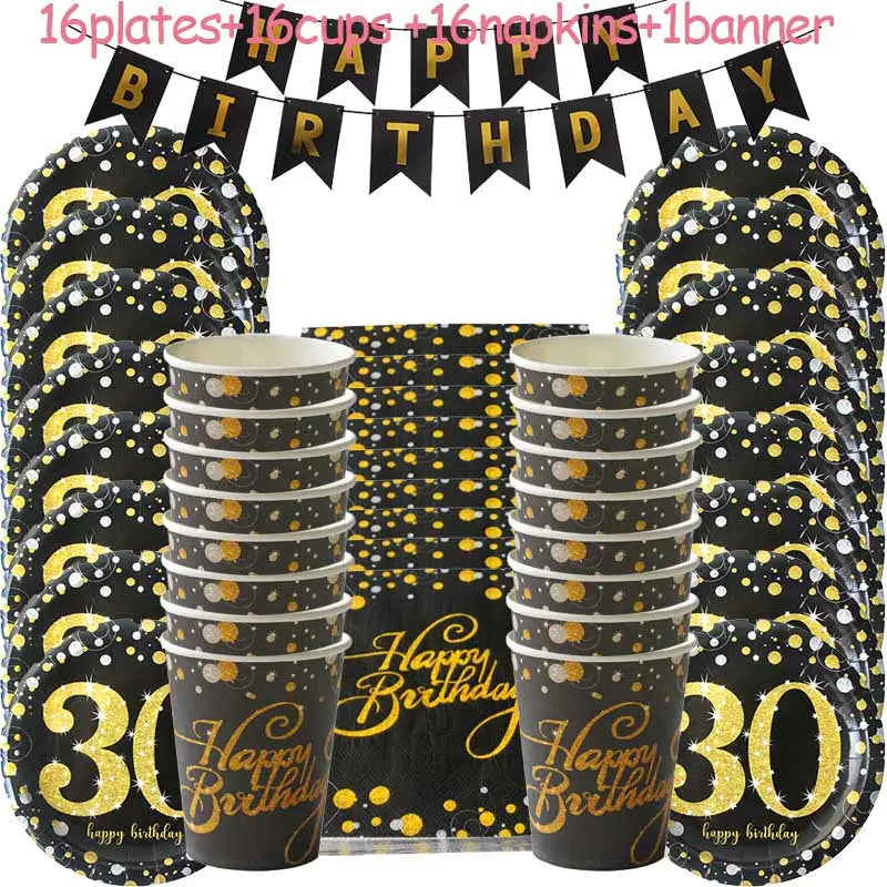 Tischgeschirr-Set zum 40. Geburtstag in Schwarz und Gold mit glitzerndem Design, bestehend aus Tellern, Bechern, Servietten und einem Geburtstagsbanner für die Dekoration der Geburtstagsfeier.
